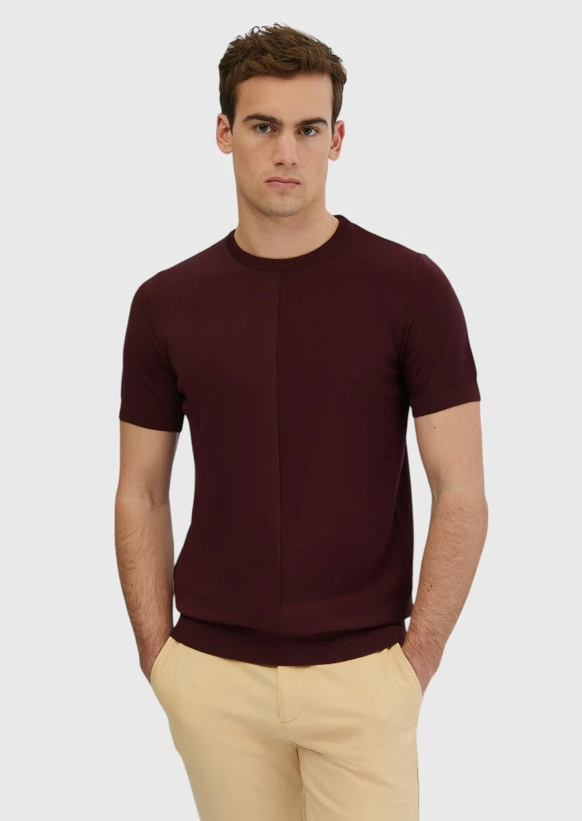 Kiremit Bisiklet Yaka Jakarlı Triko - 1