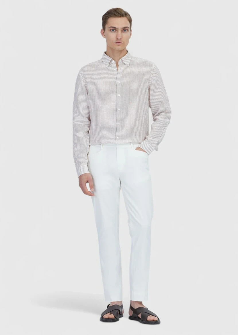 Kiremit Çizgili Casual Fit Dokuma Casual %100 Keten Gömlek - RAMSEY