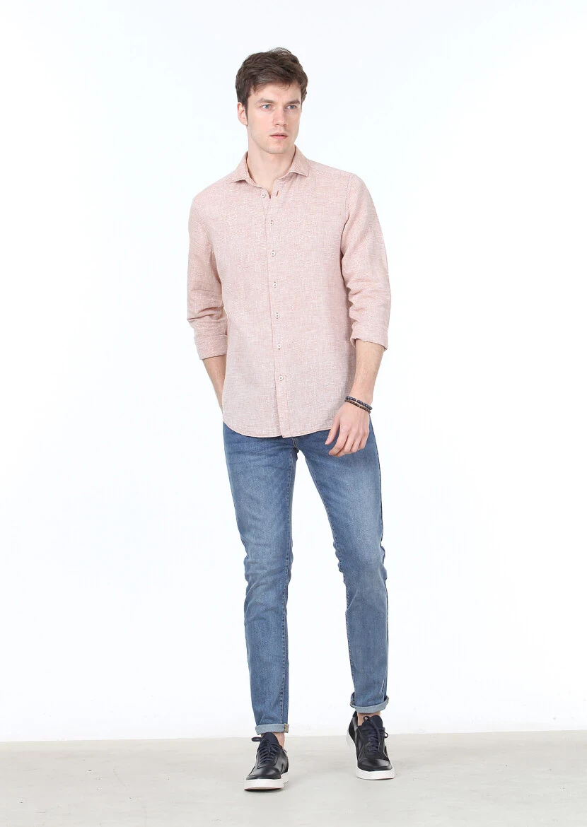 Kiremit Çizgili Regular Fit Dokuma Casual Pamuk Karışımlı Gömlek 