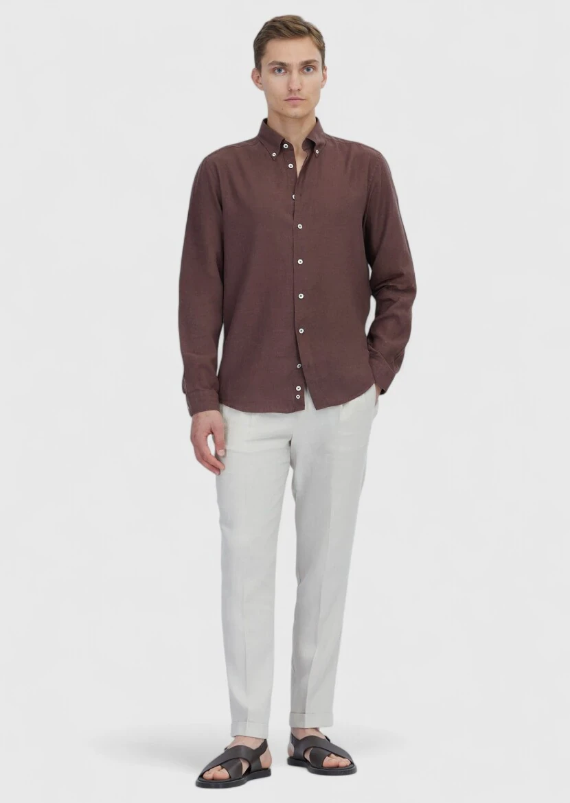 Kiremit Düz Casual Fit Dokuma Casual Pamuk Karışımlı Gömlek - RAMSEY