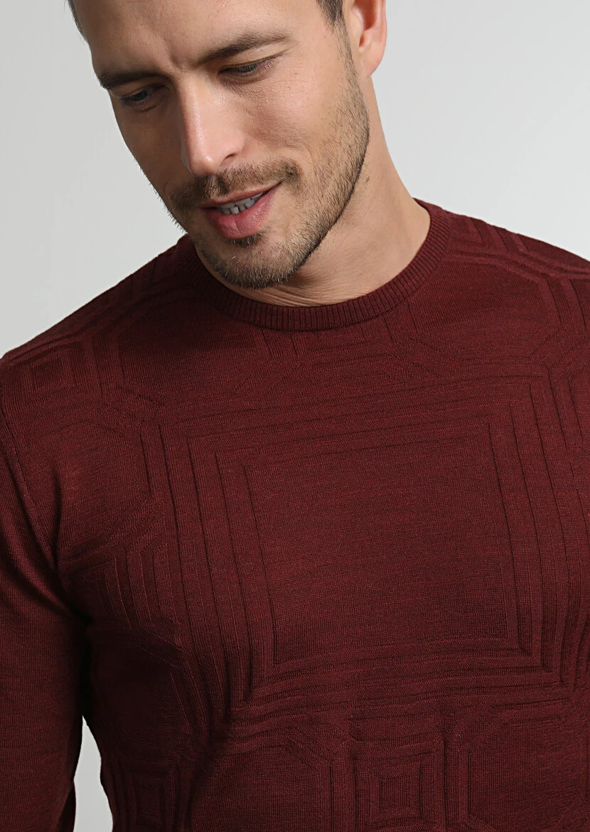 Kiremit Düz Örgü %100 Yün Triko Kazak - 1