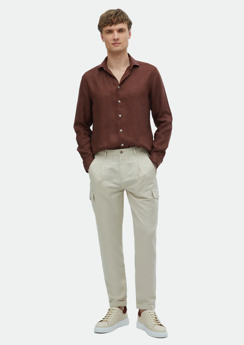 Kiremit Düz Regular Fit Dokuma Casual %100 Keten Gömlek 