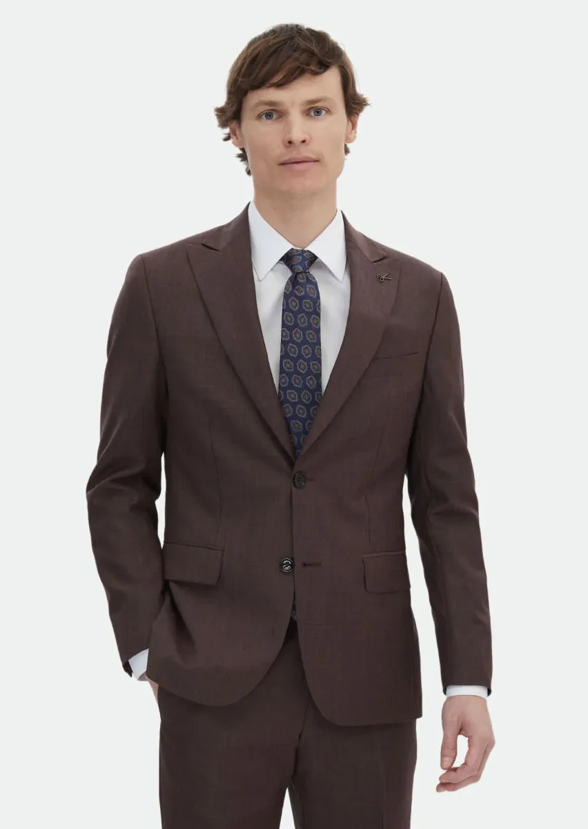 Kiremit Düz Zeroweight Slim Fit Yün Karışımlı Takım Elbise - 1