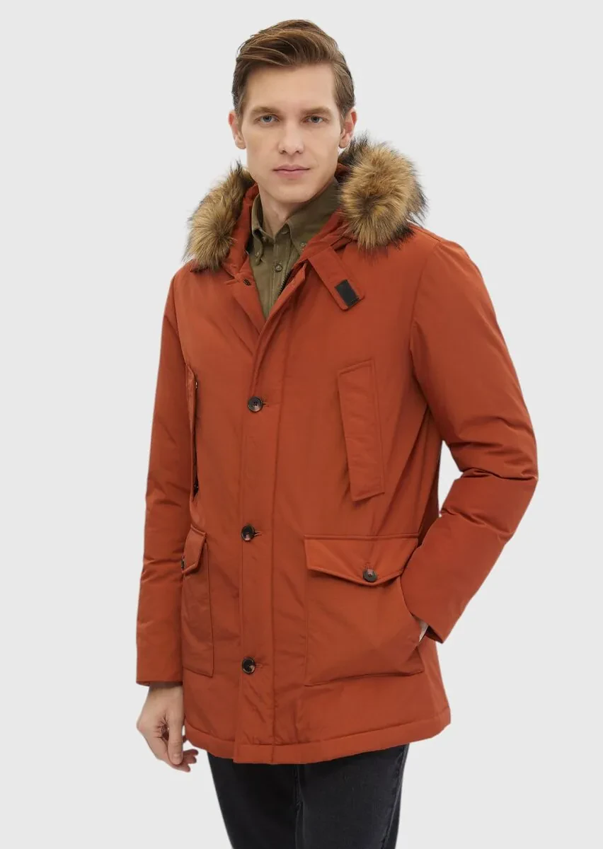 Kiremit Regular Fit Kapüşonlu Casual Dokuma Kaban - 1