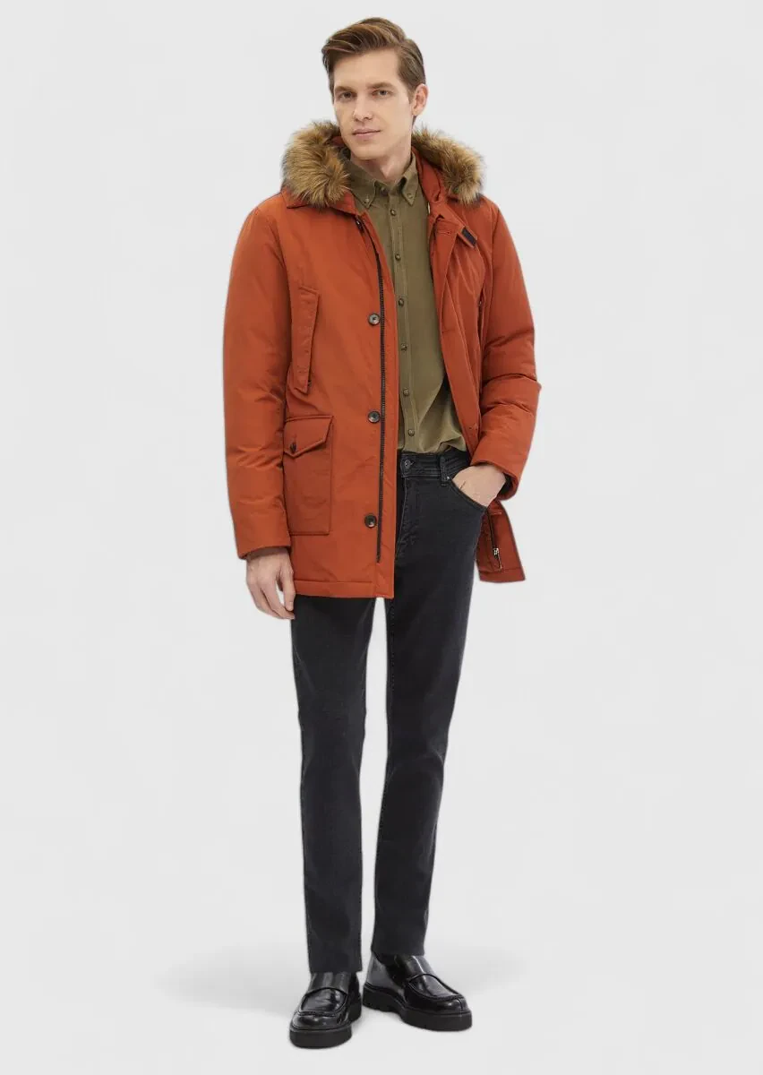 Kiremit Regular Fit Kapüşonlu Casual Dokuma Kaban - 2