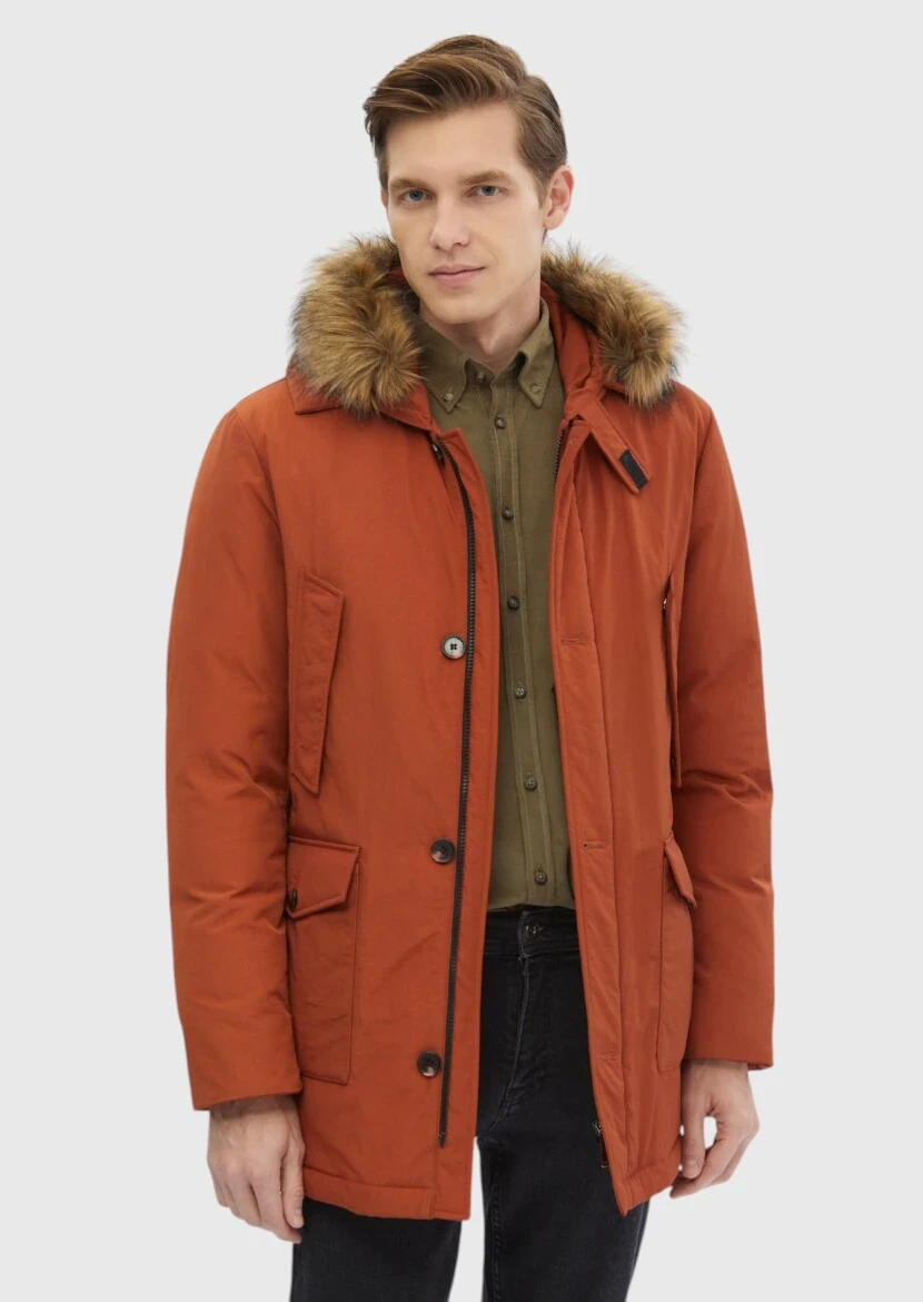 Kiremit Regular Fit Kapüşonlu Casual Dokuma Kaban - 3