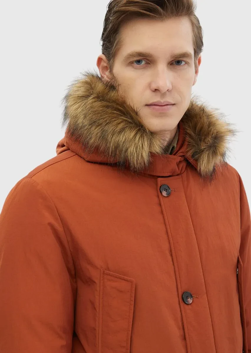 Kiremit Regular Fit Kapüşonlu Casual Dokuma Kaban - 4