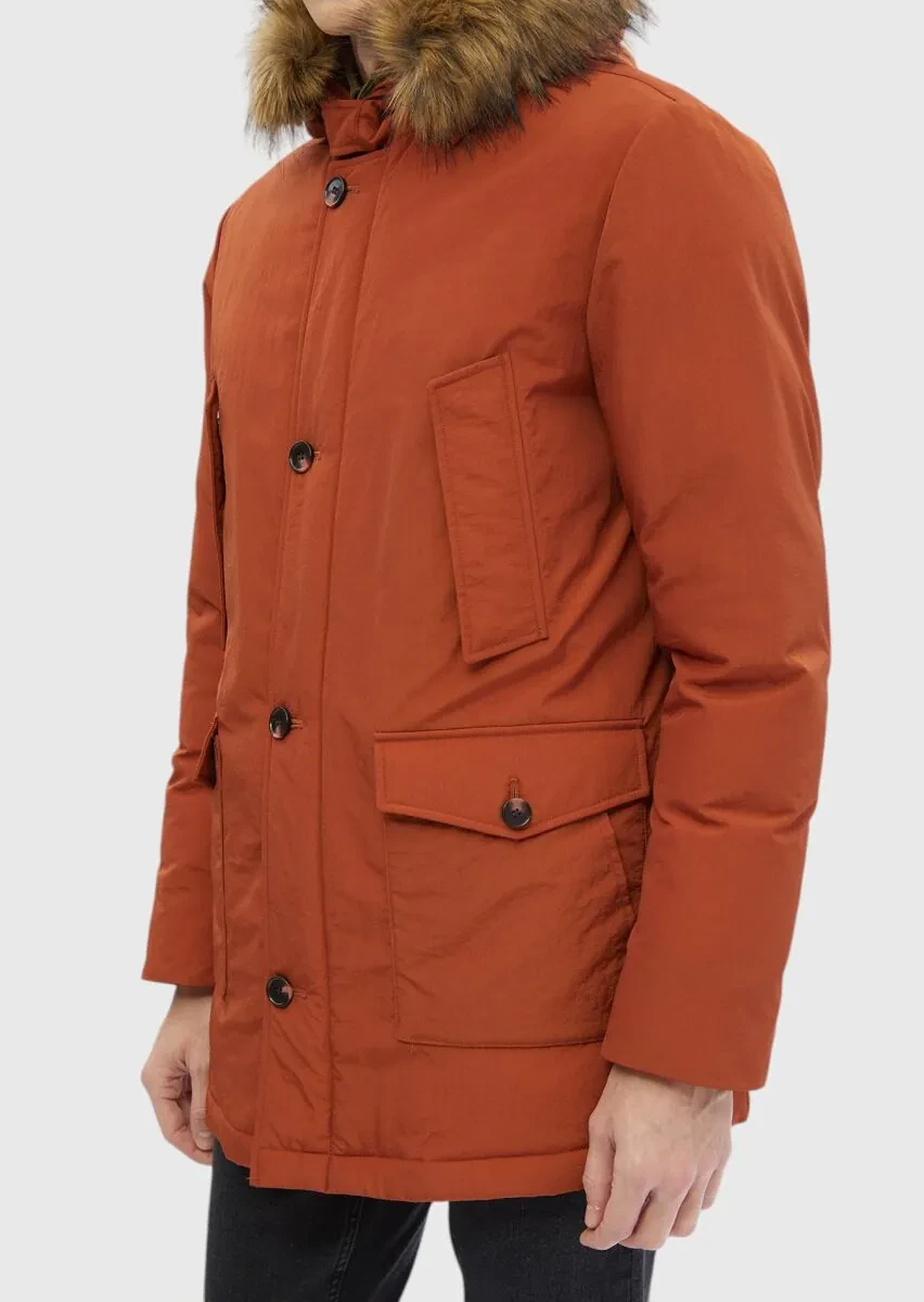 Kiremit Regular Fit Kapüşonlu Casual Dokuma Kaban - 5