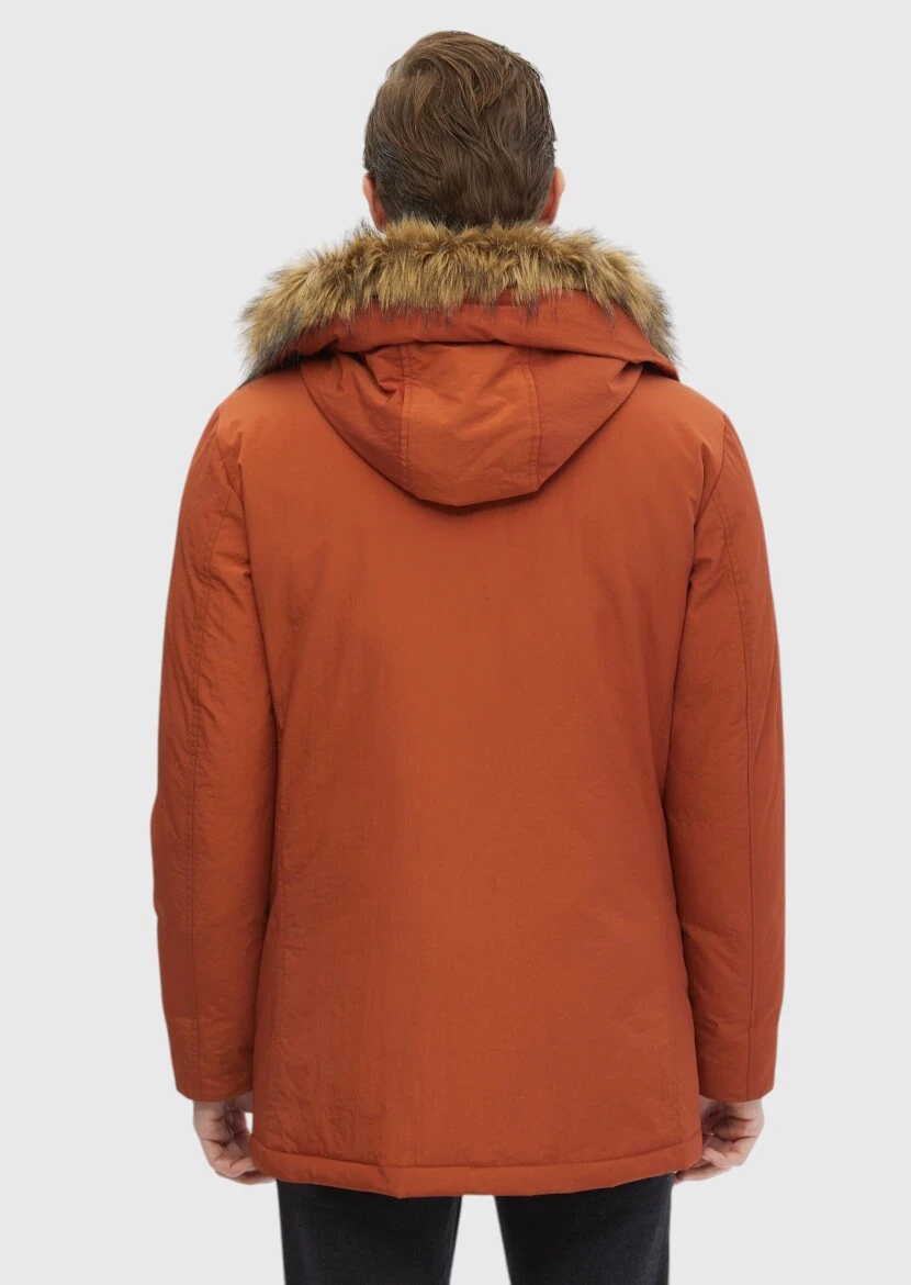 Kiremit Regular Fit Kapüşonlu Casual Dokuma Kaban - 7