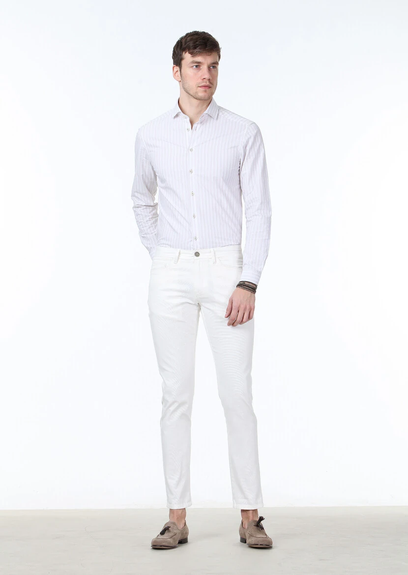 Kırık Beyaz Dokuma Slim Fit Casual Pamuk Karışımlı Pantolon - 1