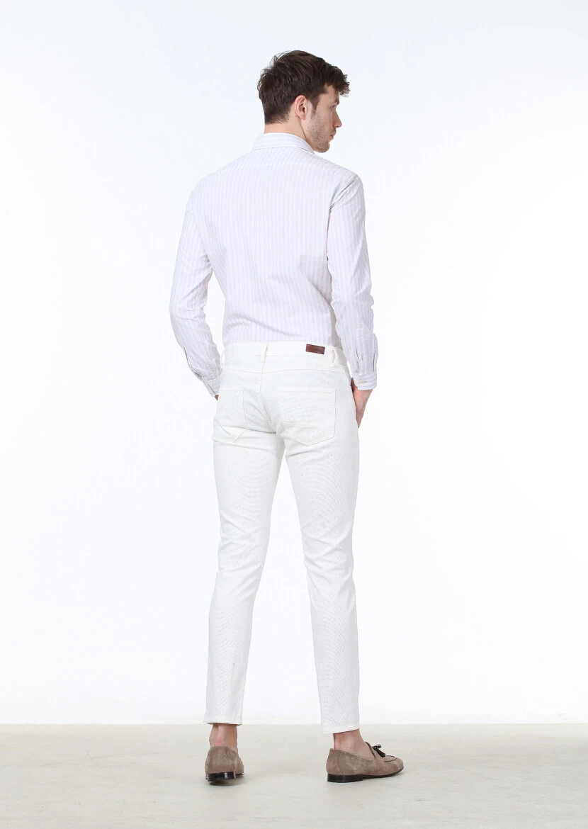 Kırık Beyaz Dokuma Slim Fit Casual Pamuk Karışımlı Pantolon - 4