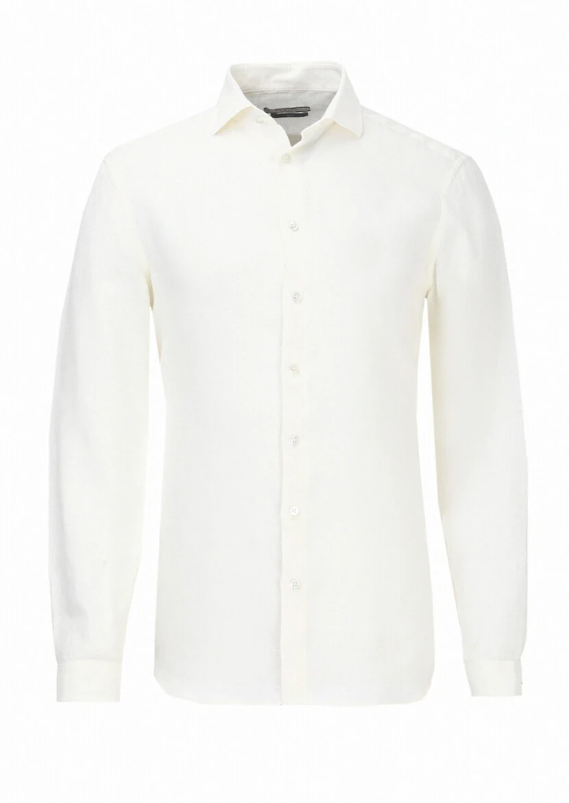 Kırık Beyaz Düz Regular Fit Dokuma Casual %100 Keten Gömlek - 5