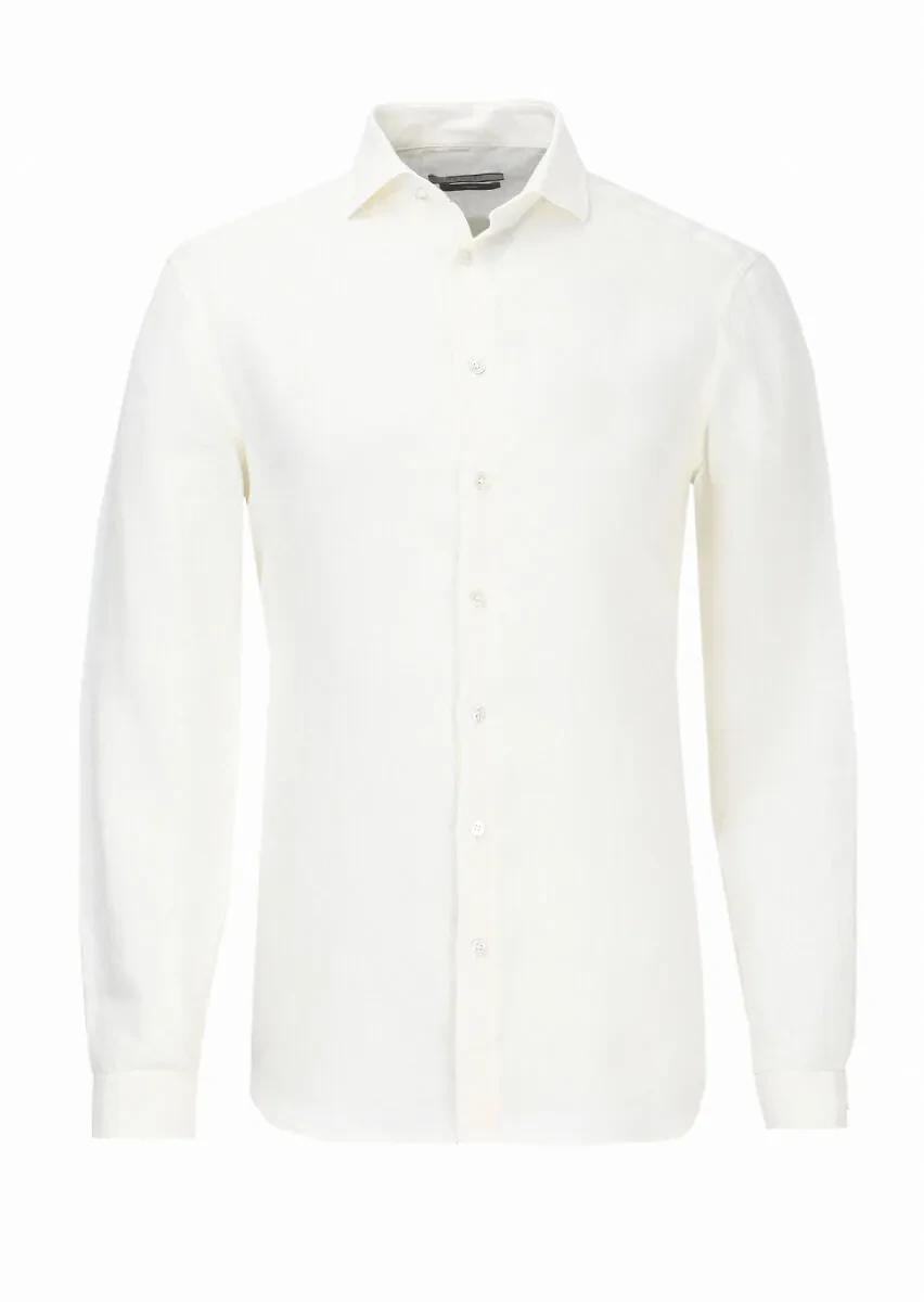 Kırık Beyaz Düz Regular Fit Dokuma Casual %100 Keten Gömlek - 5