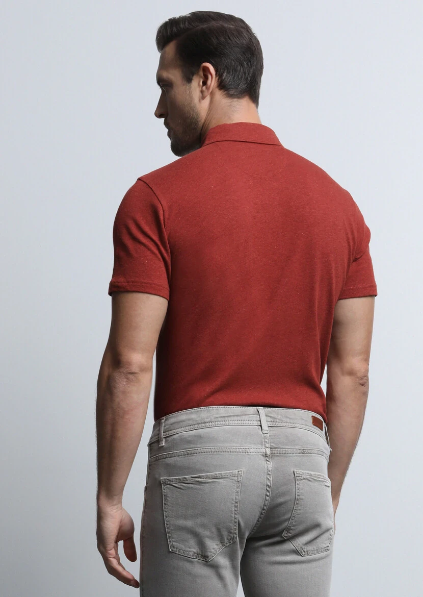 Kırmızı Baskılı Polo Yaka Pamuk Karışımlı T-Shirt - 5