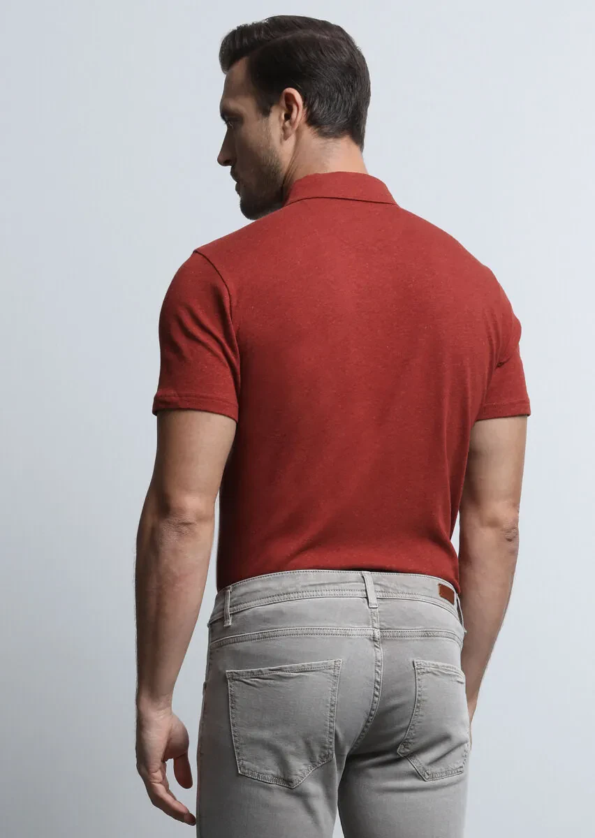 Kırmızı Baskılı Polo Yaka Pamuk Karışımlı T-Shirt - 5