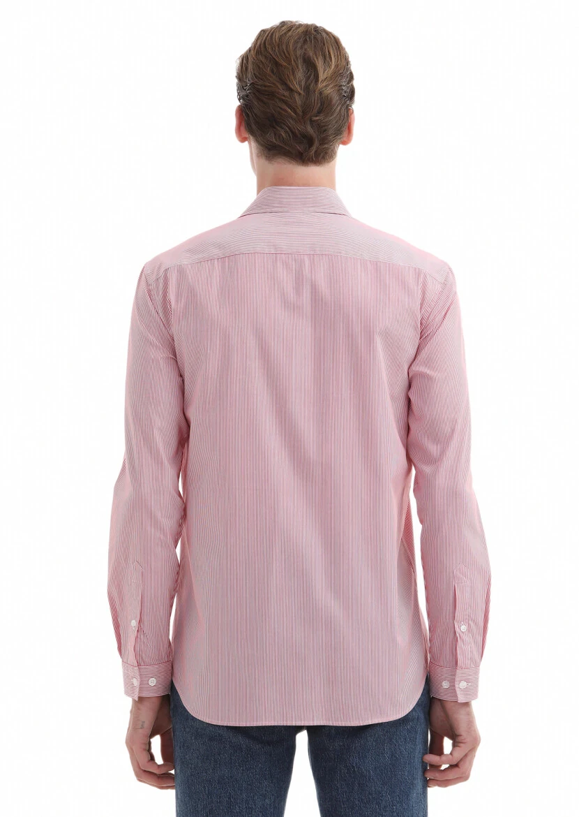 Kırmızı Çizgili Regular Fit Dokuma Casual %100 Pamuk Gömlek - 4