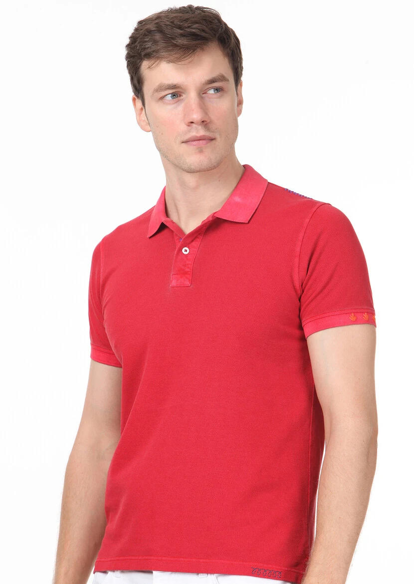 Kırmızı Düz Polo Yaka %100 Pamuk T-Shirt 