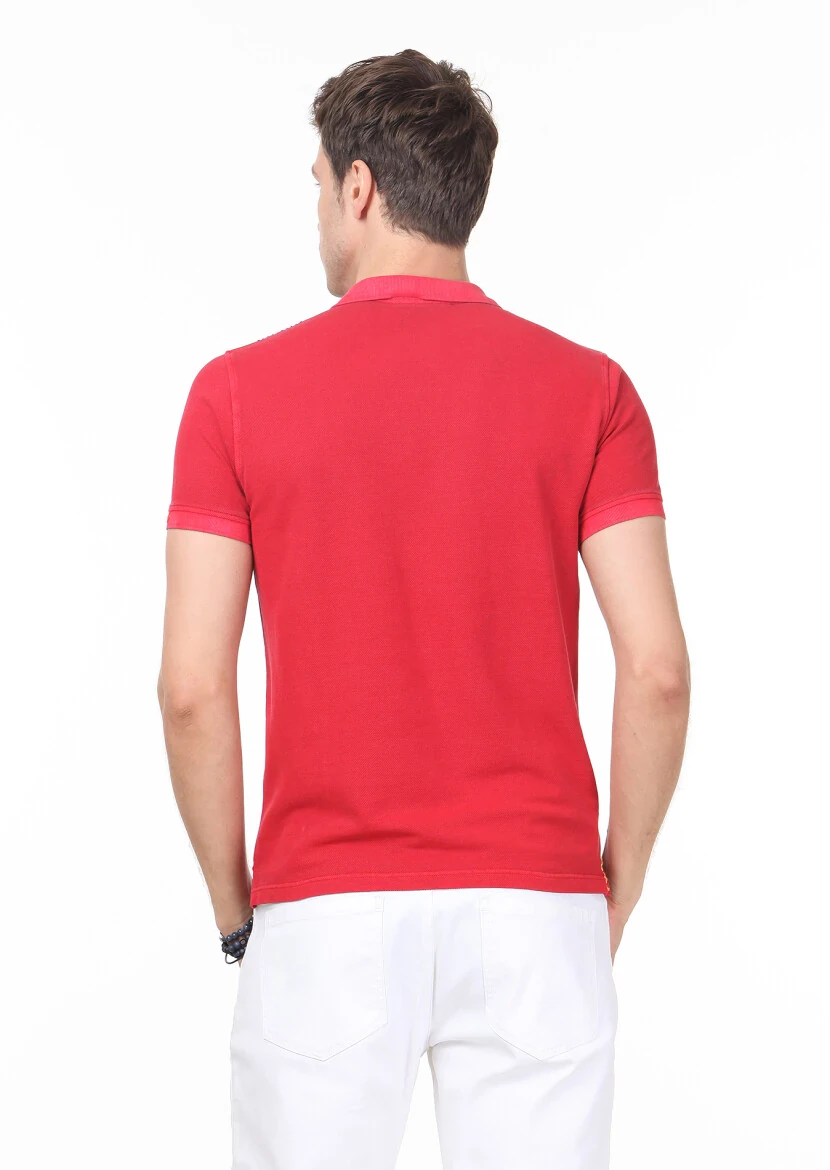Kırmızı Düz Polo Yaka %100 Pamuk T-Shirt - 4