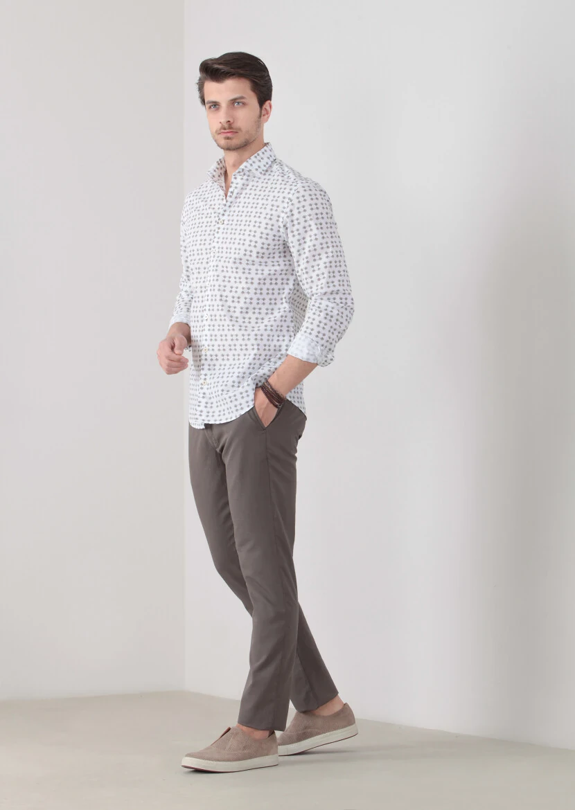 Koyu Bej Baskılı Slim Fit Dokuma Casual %100 Pamuk Gömlek 