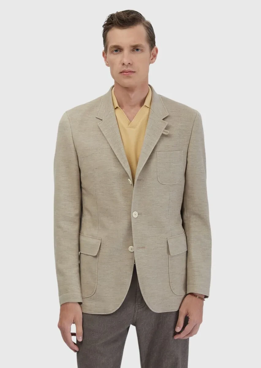 Koyu Bej Düz Shirt Shoulder Slim Fit Pamuk Karışımlı Ceket - 1