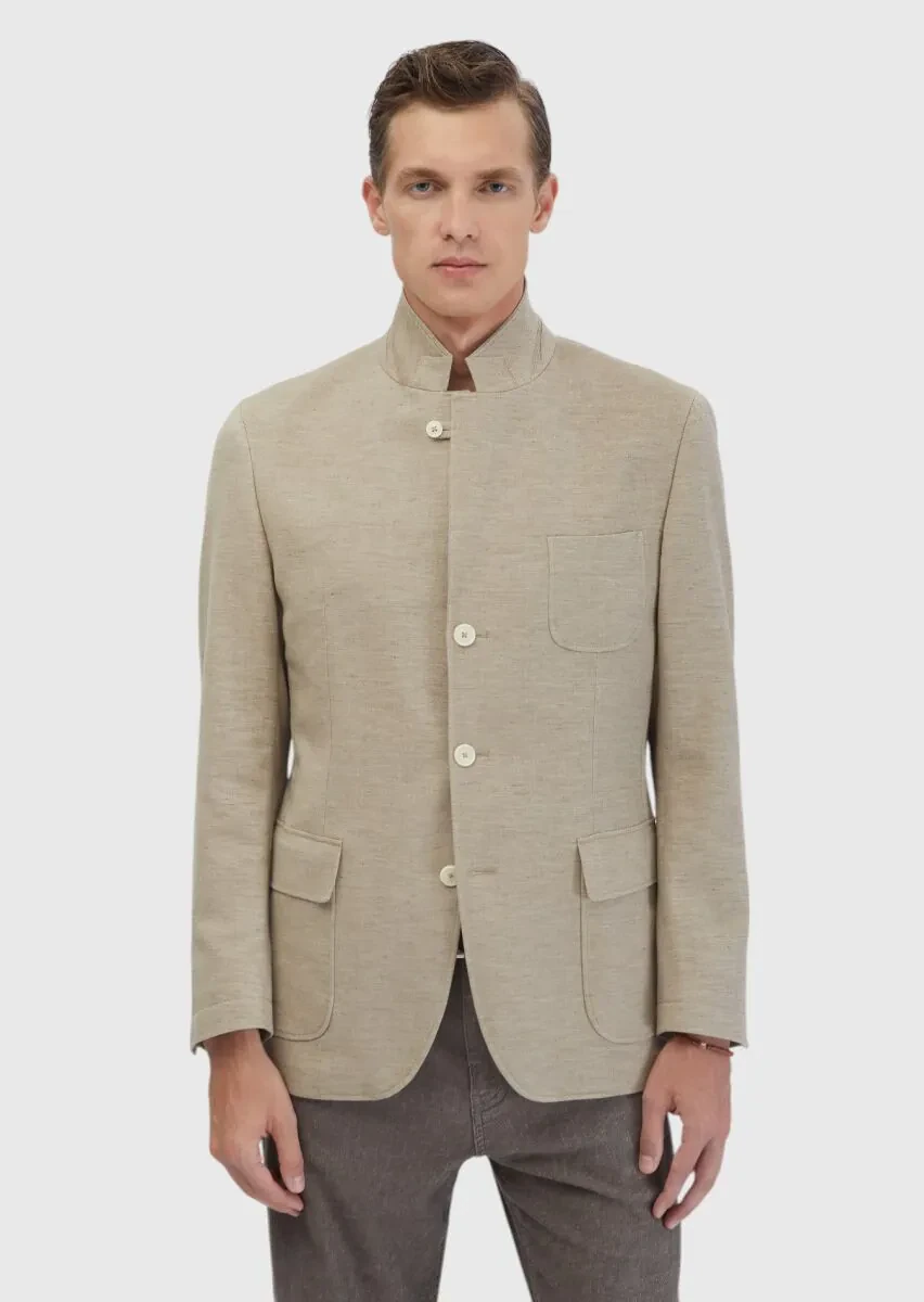 Koyu Bej Düz Shirt Shoulder Slim Fit Pamuk Karışımlı Ceket - 7