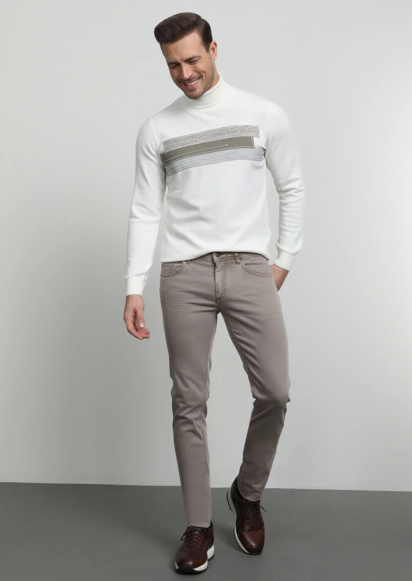 Koyu Bej Düz Slim Fit Denim Pamuk Karışımlı Pantolon - 1