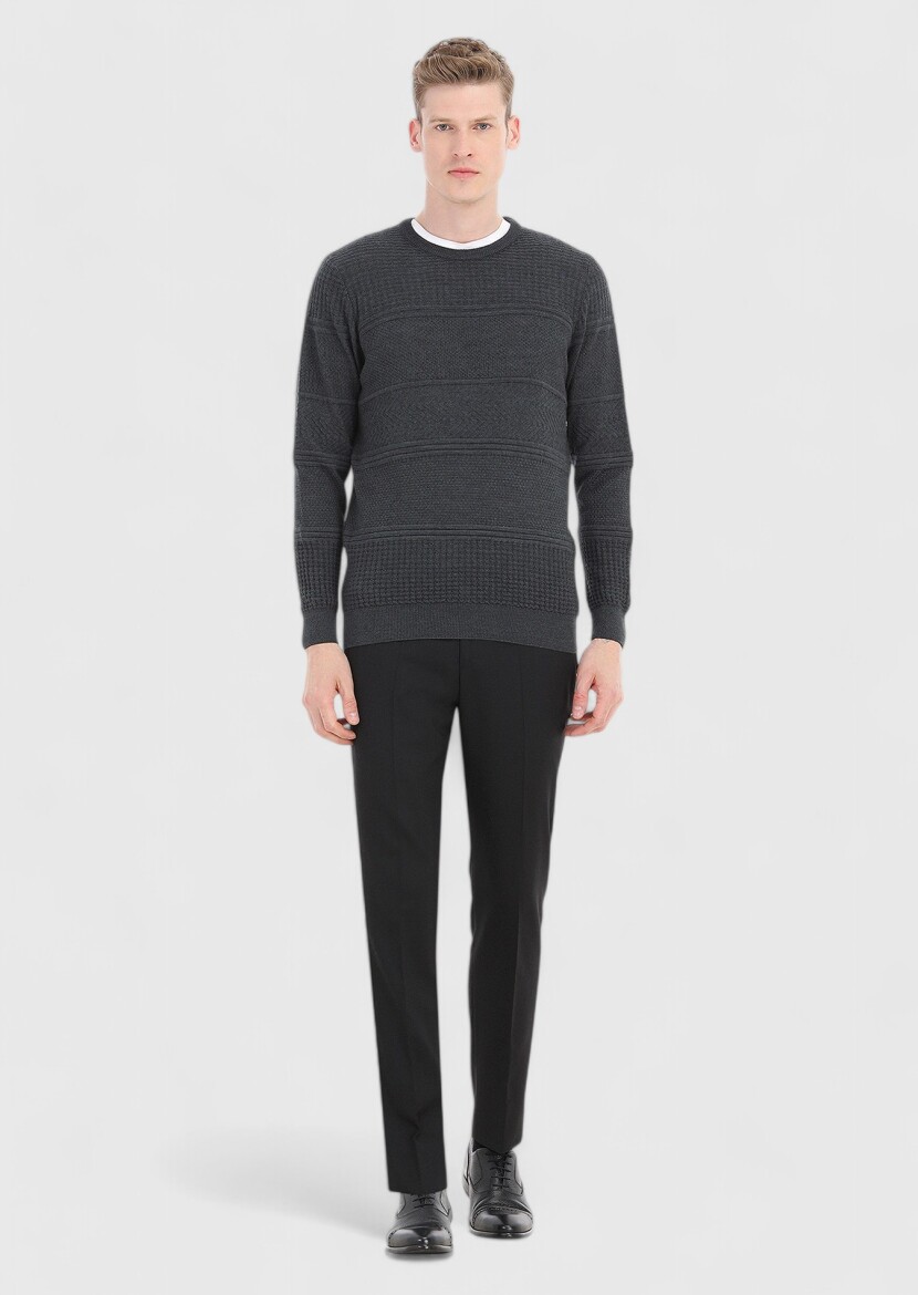 Koyu Gri Bisiklet Yaka Jakarlı Yün Karışımlı Triko Kazak - 1