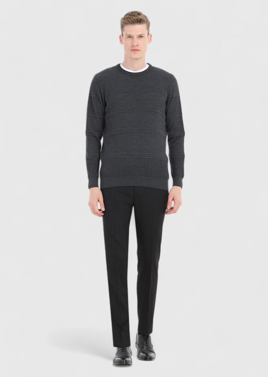 Koyu Gri Bisiklet Yaka Jakarlı Yün Karışımlı Triko Kazak - 1