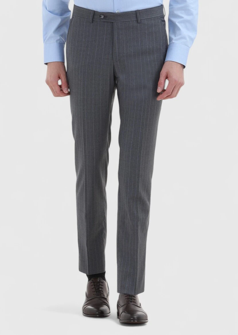 Koyu Gri Çizgili Kumaş Modern Fit Klasik %100 Yün Pantolon - 2