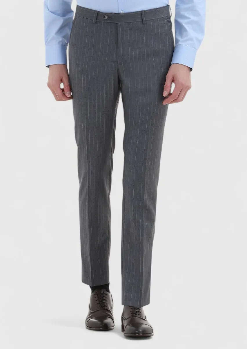 Koyu Gri Çizgili Kumaş Modern Fit Klasik %100 Yün Pantolon - 2
