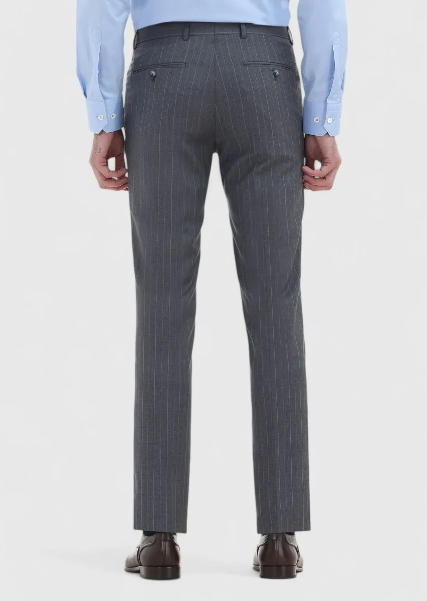Koyu Gri Çizgili Kumaş Modern Fit Klasik %100 Yün Pantolon - 4