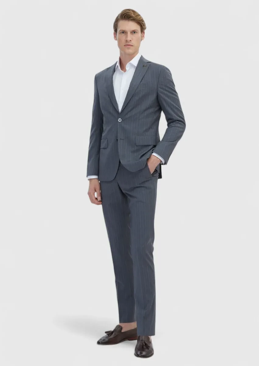Koyu Gri Çizgili Modern Fit %100 Yün Takım Elbise - 2