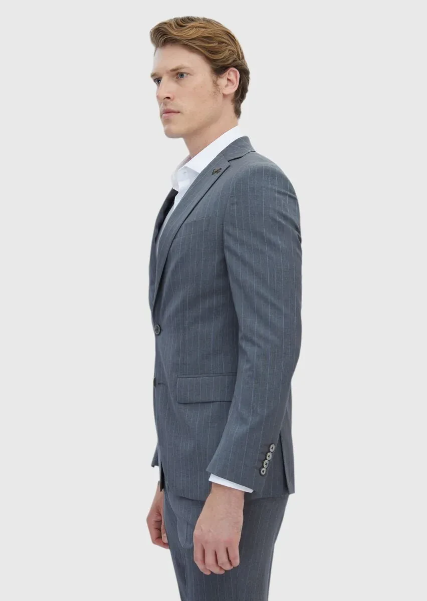 Koyu Gri Çizgili Modern Fit %100 Yün Takım Elbise - 3