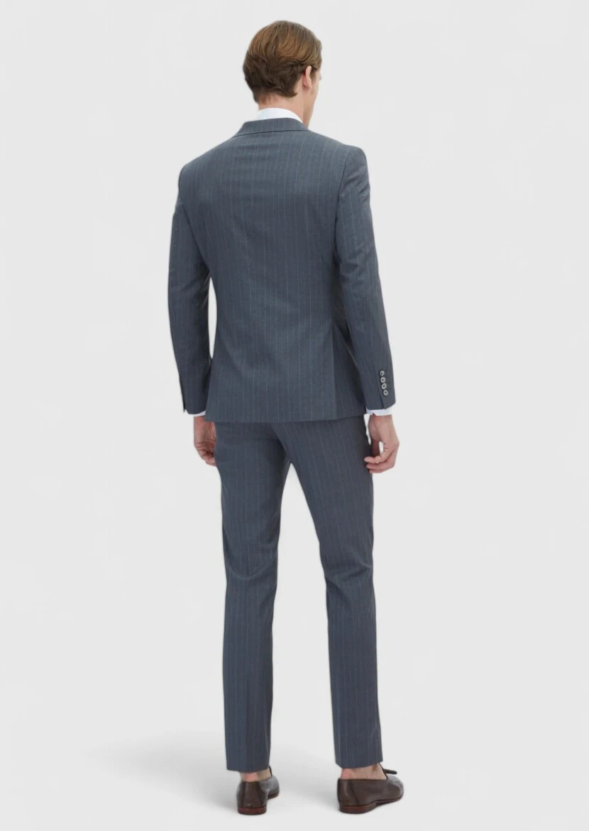 Koyu Gri Çizgili Modern Fit %100 Yün Takım Elbise - 5