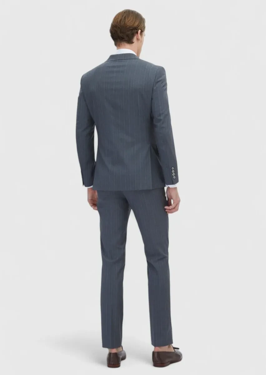 Koyu Gri Çizgili Modern Fit %100 Yün Takım Elbise - 5