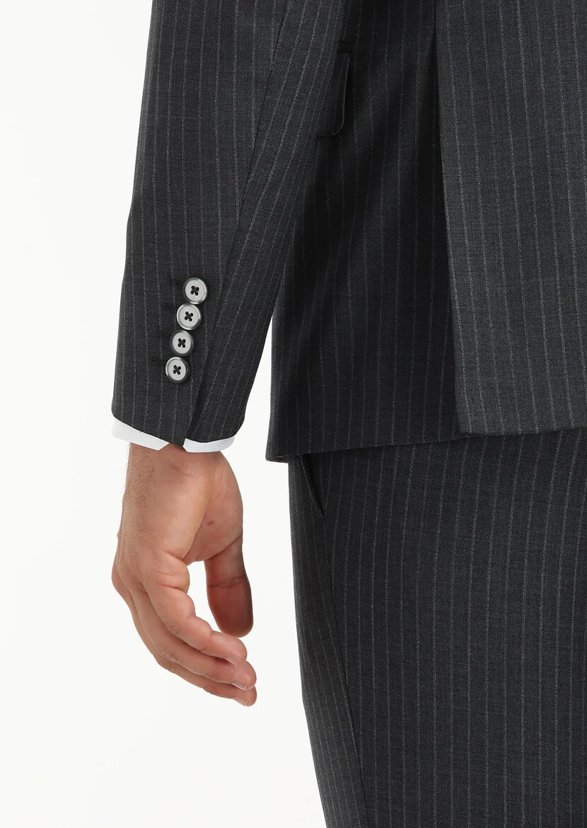 Koyu Gri Çizgili Modern Fit Yün Karışımlı Takım Elbise - 3