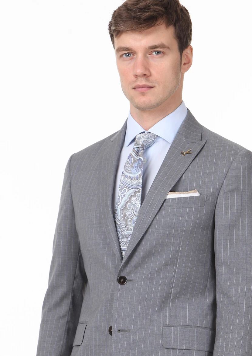 Koyu Gri Çizgili Zeroweight Slim Fit %100 Yün Takım Elbise - 2