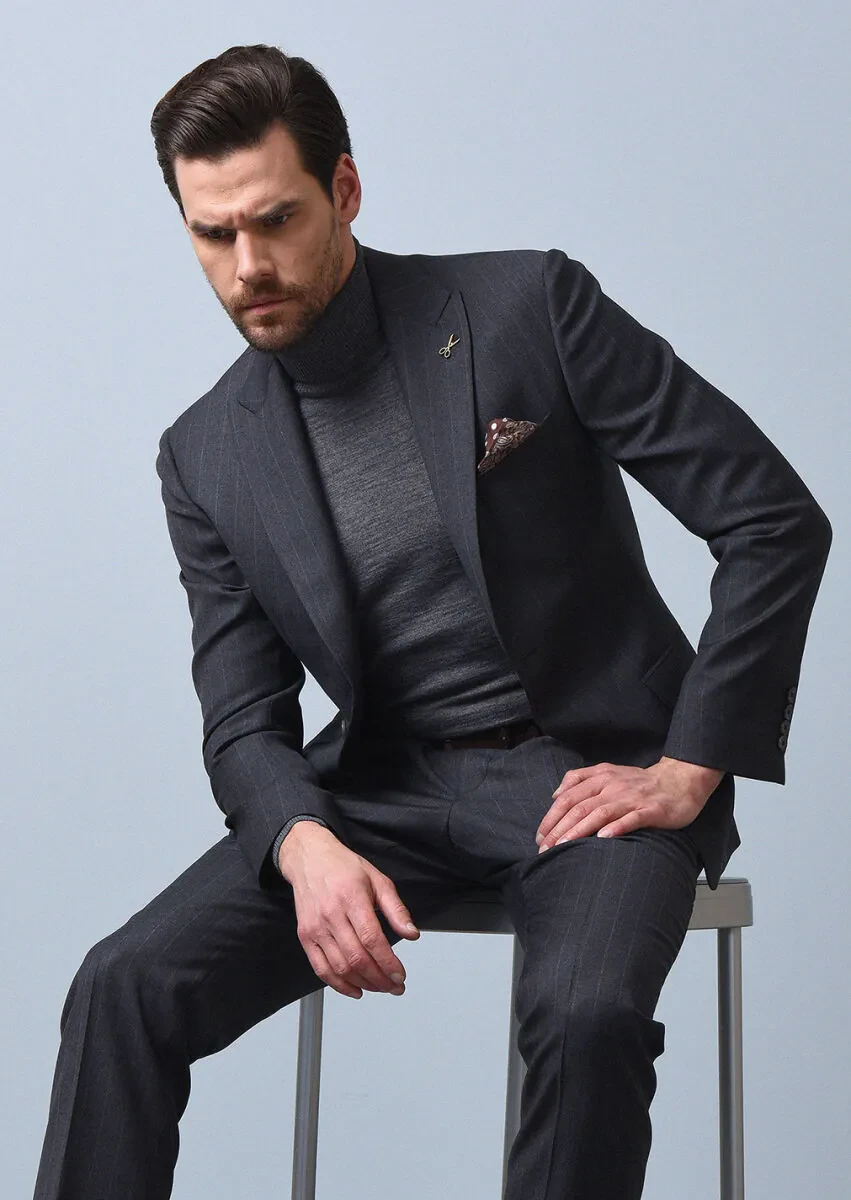 Koyu Gri Çizgili Zeroweight Slim Fit %100 Yün Takım Elbise - 1