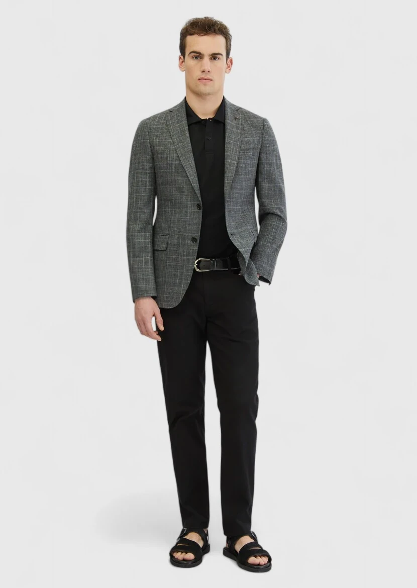 Koyu Gri Desenli Regular Fit İpek Karışımlı Ceket - RAMSEY