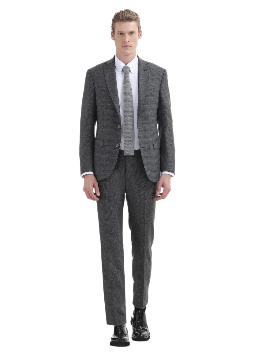 Koyu Gri Desenli Zeroweight Slim Fit %100 Yün Takım Elbise - 1