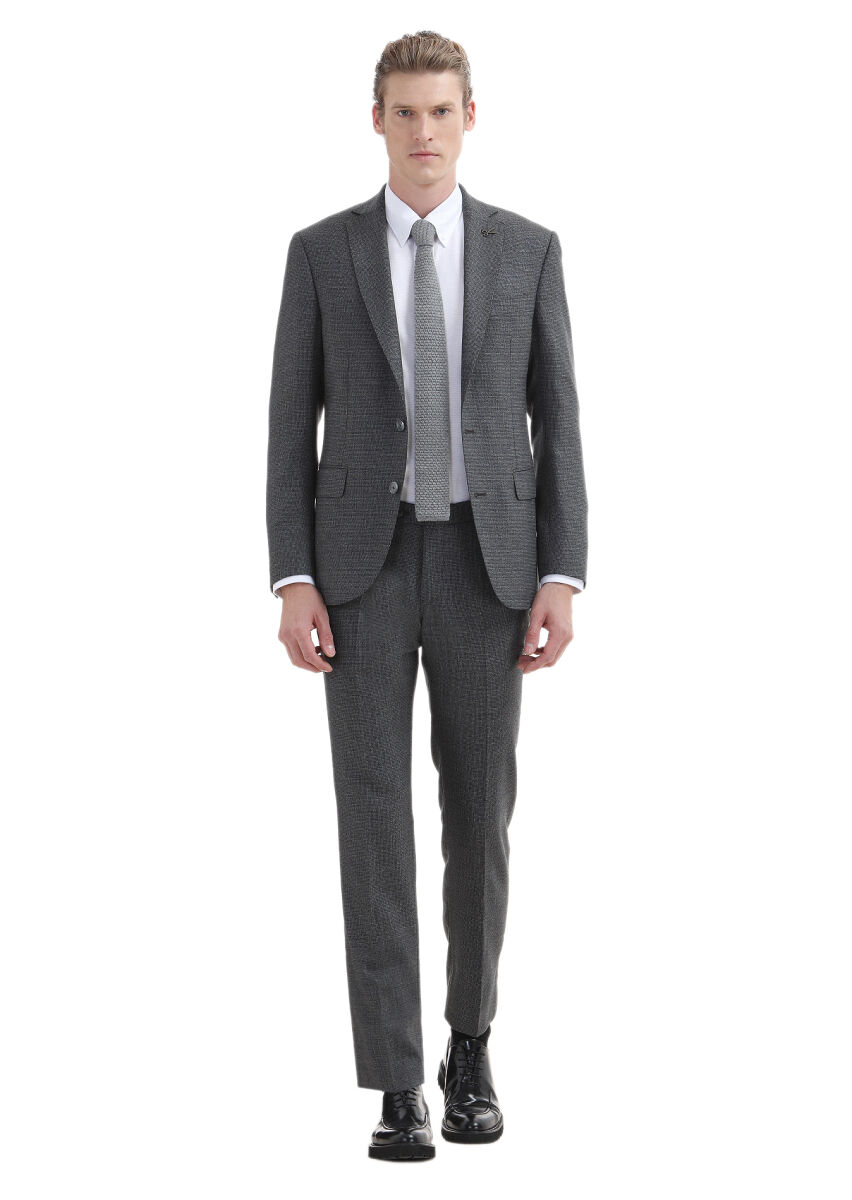 Koyu Gri Desenli Zeroweight Slim Fit %100 Yün Takım Elbise - 1