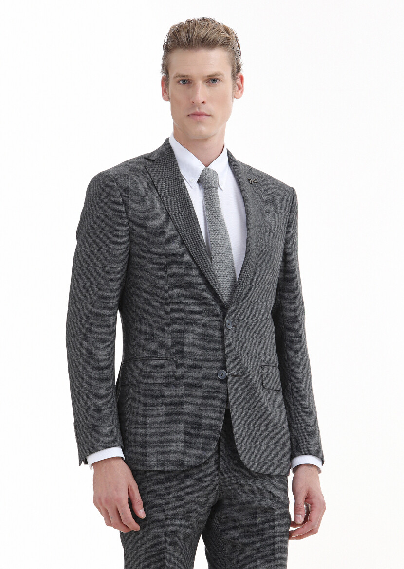 Koyu Gri Desenli Zeroweight Slim Fit %100 Yün Takım Elbise - 2