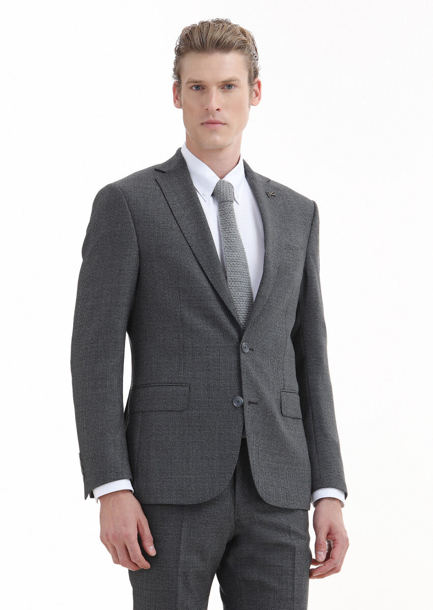 Koyu Gri Desenli Zeroweight Slim Fit %100 Yün Takım Elbise - 2
