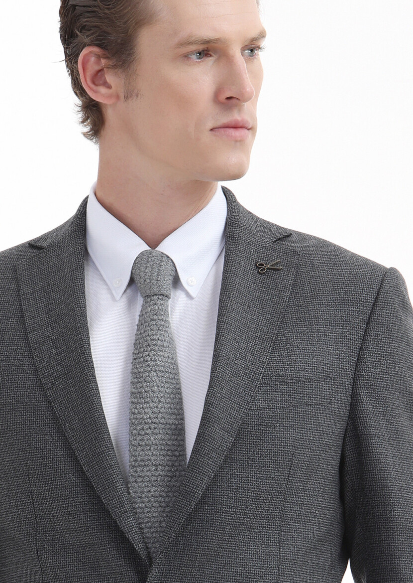 Koyu Gri Desenli Zeroweight Slim Fit %100 Yün Takım Elbise - 4