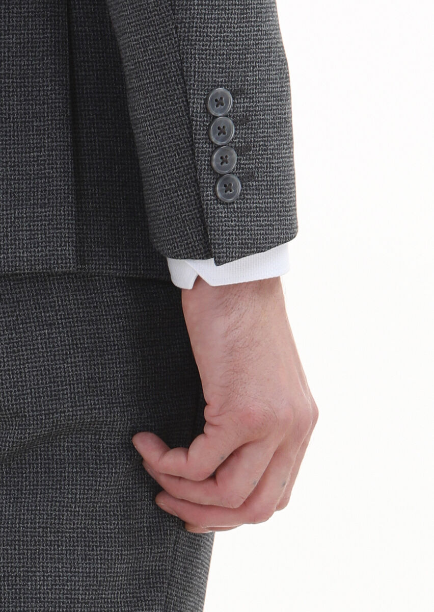 Koyu Gri Desenli Zeroweight Slim Fit %100 Yün Takım Elbise - 5