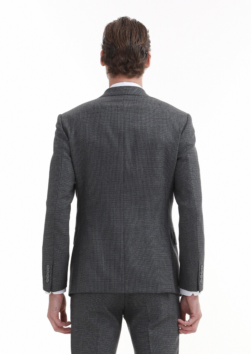 Koyu Gri Desenli Zeroweight Slim Fit %100 Yün Takım Elbise - 6
