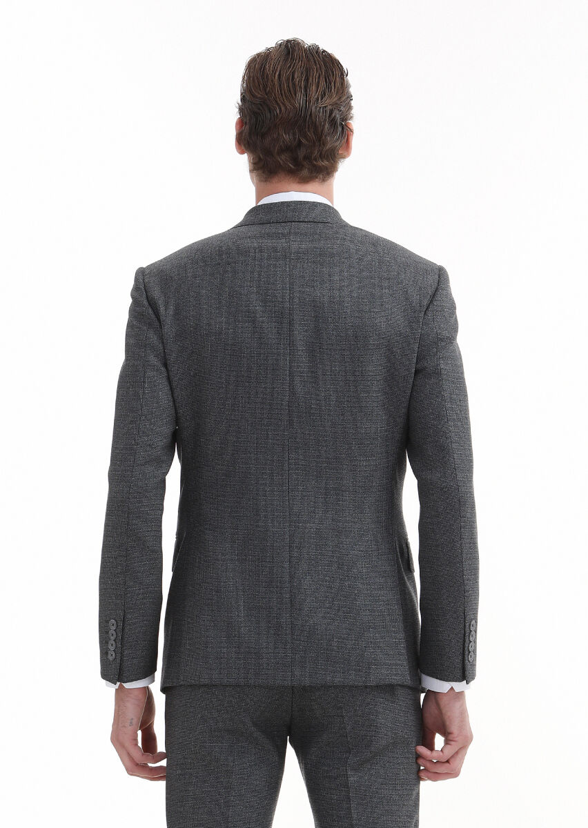 Koyu Gri Desenli Zeroweight Slim Fit %100 Yün Takım Elbise - 6