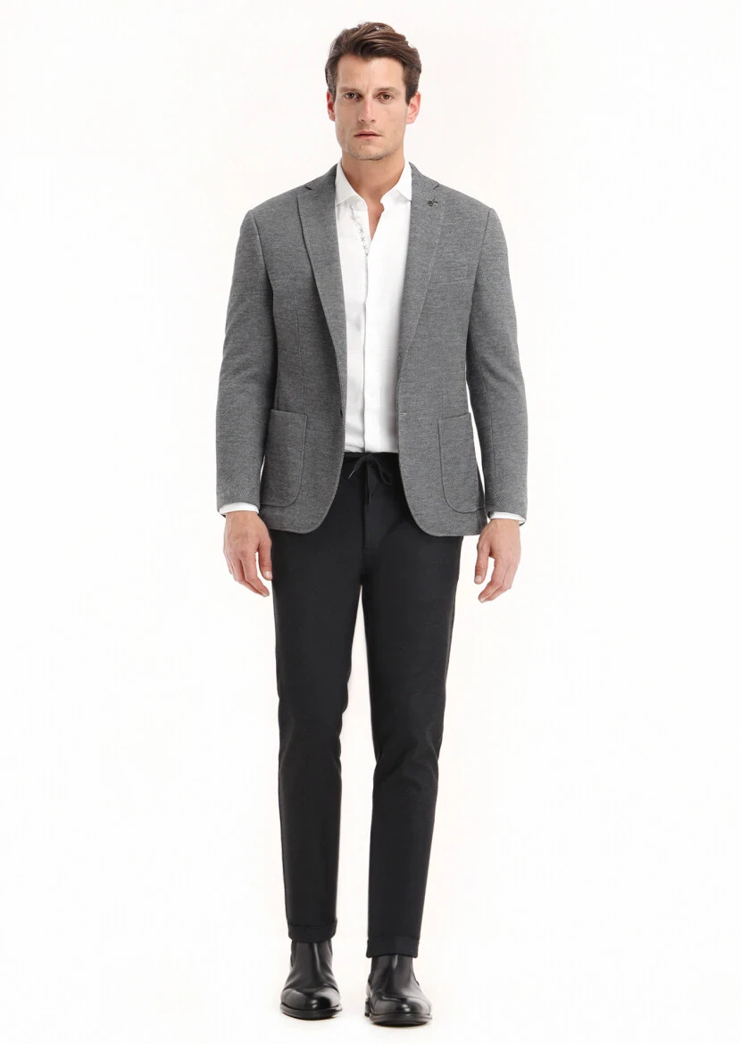 Koyu Gri Desenli Zeroweight Slim Fit Yün Karışımlı Örme Ceket - 1