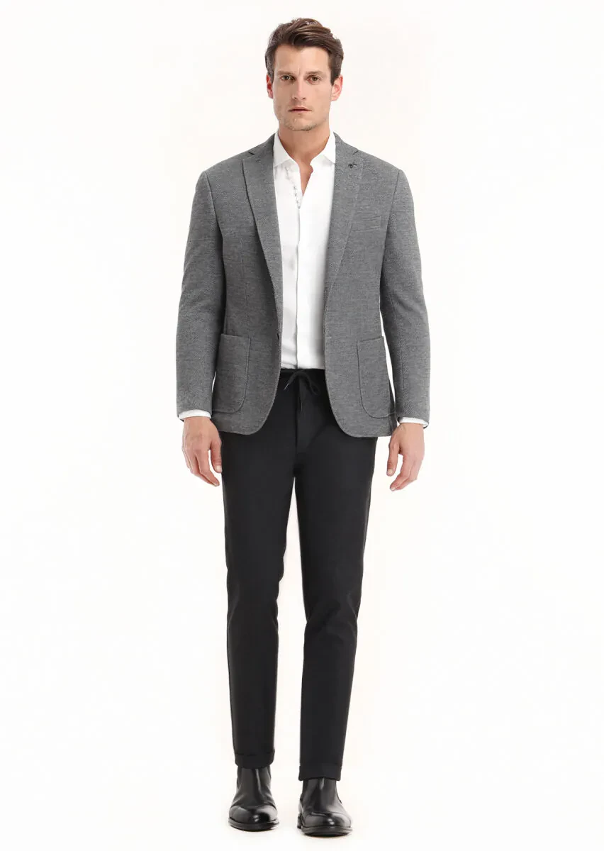 Koyu Gri Desenli Zeroweight Slim Fit Yün Karışımlı Örme Ceket - 1