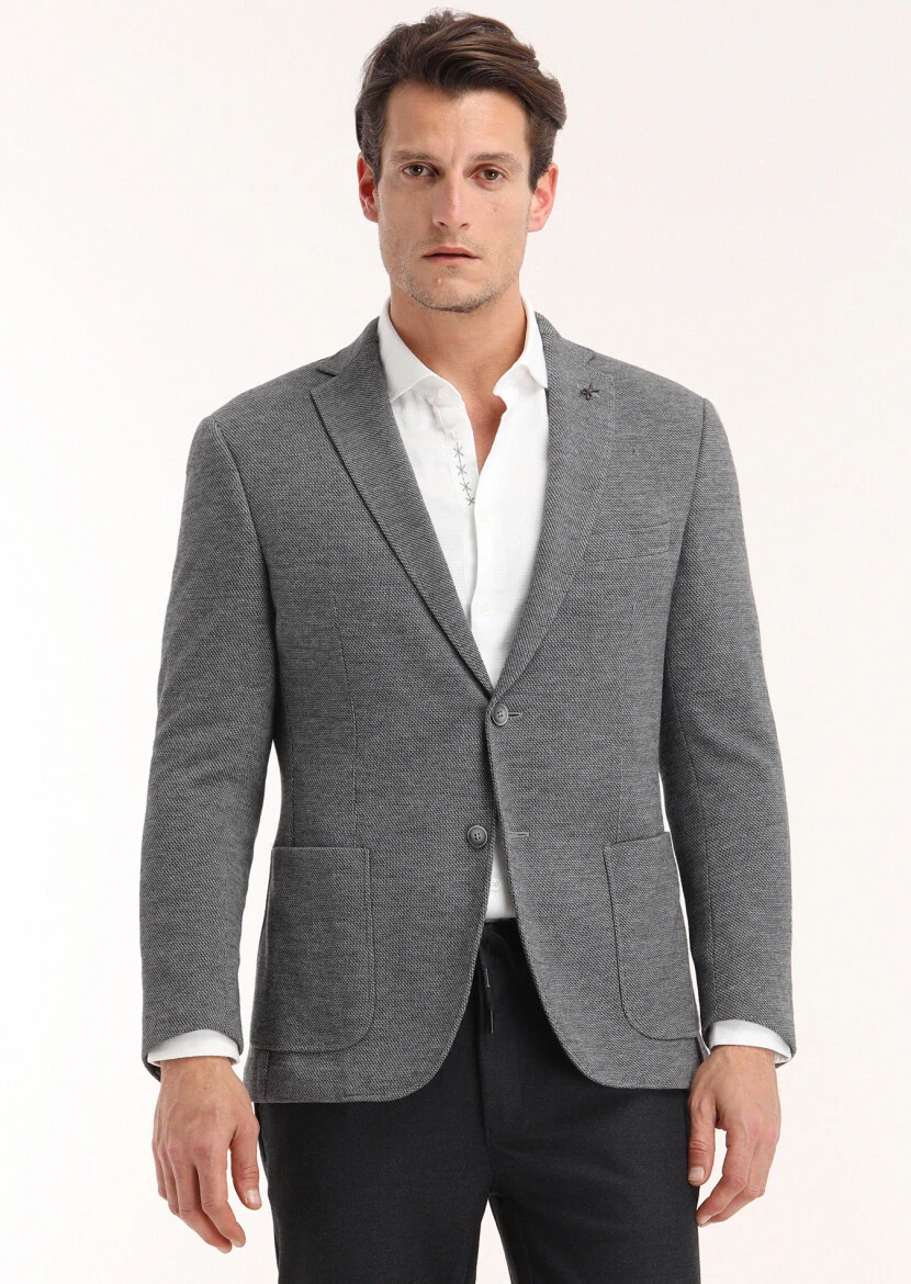 Koyu Gri Desenli Zeroweight Slim Fit Yün Karışımlı Örme Ceket - 2